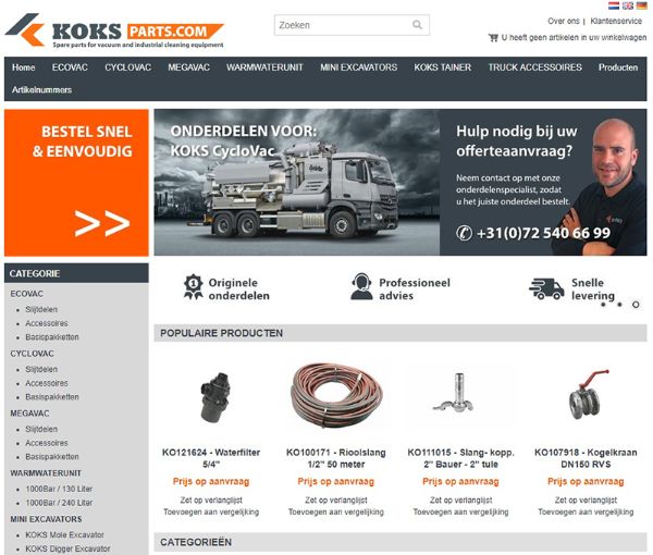 Webshop KOKSParts für Ersatzteile und Zubehör Vakuumfahrzeuge und industriellen Reinigungsgeräte